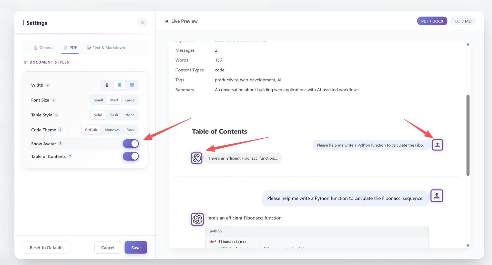 Show Avatar and Table of Contents toggle switches