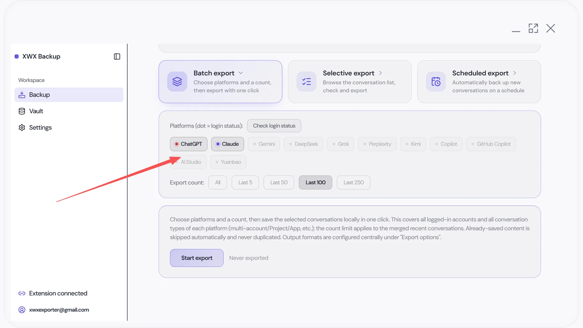 XWX Backup batch export with the Claude platform selected and a conversation count set