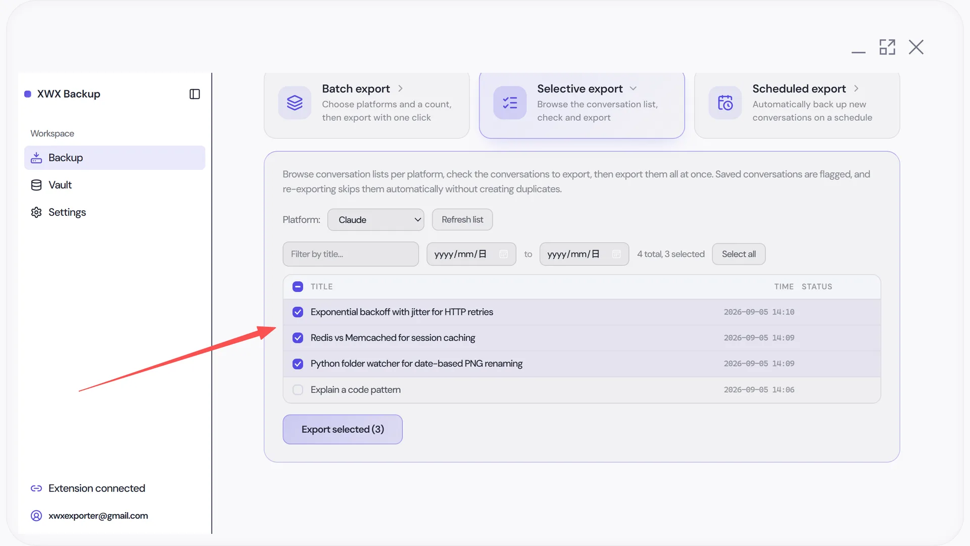 Claude conversation list with filters and checkbox selection before batch export