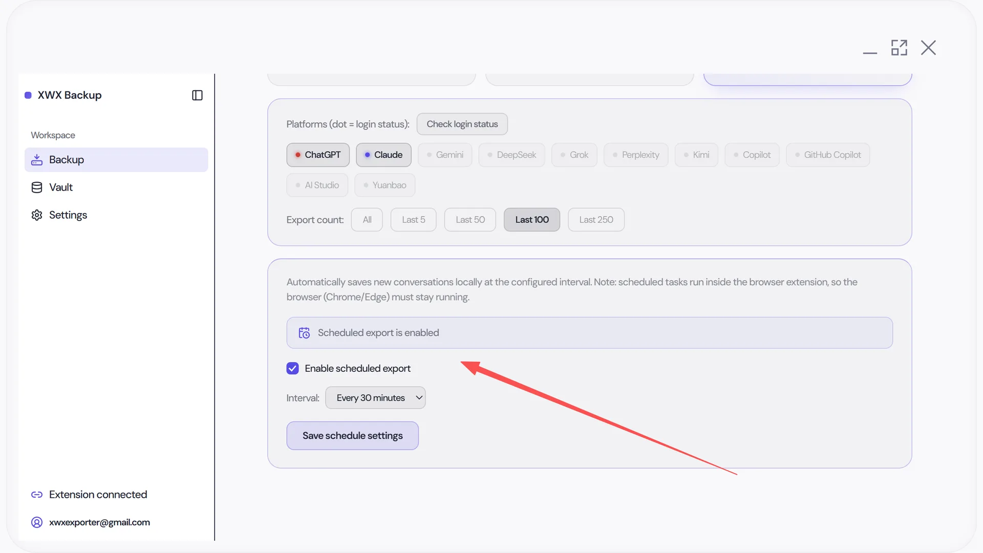 Scheduled export settings in XWX Backup with interval and per-run limit