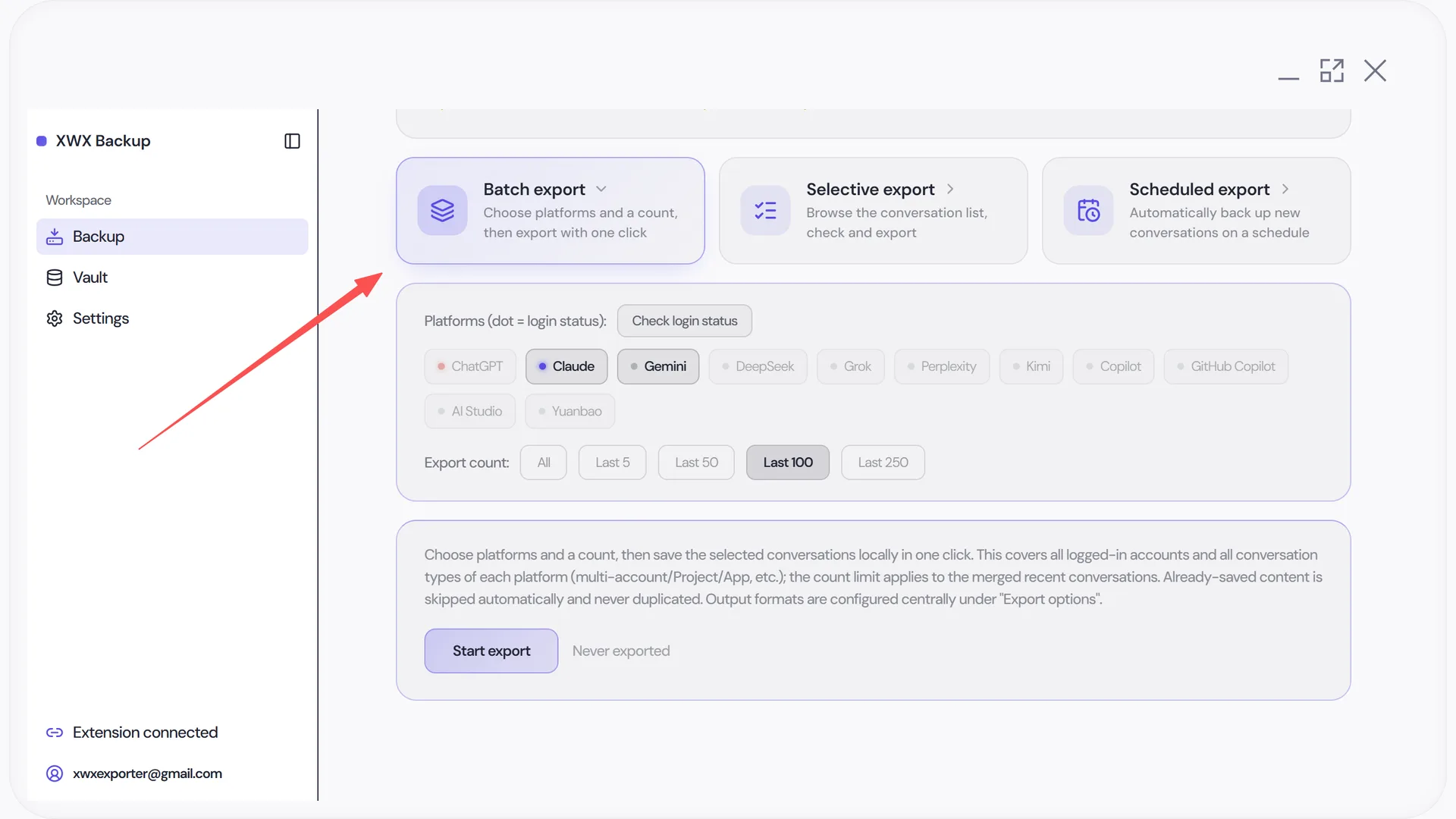 XWX Backup batch export selecting Claude platforms and conversation counts