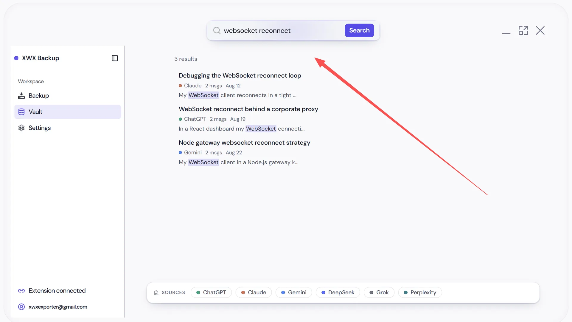 Full-text search across all archived AI conversations in XWX Backup