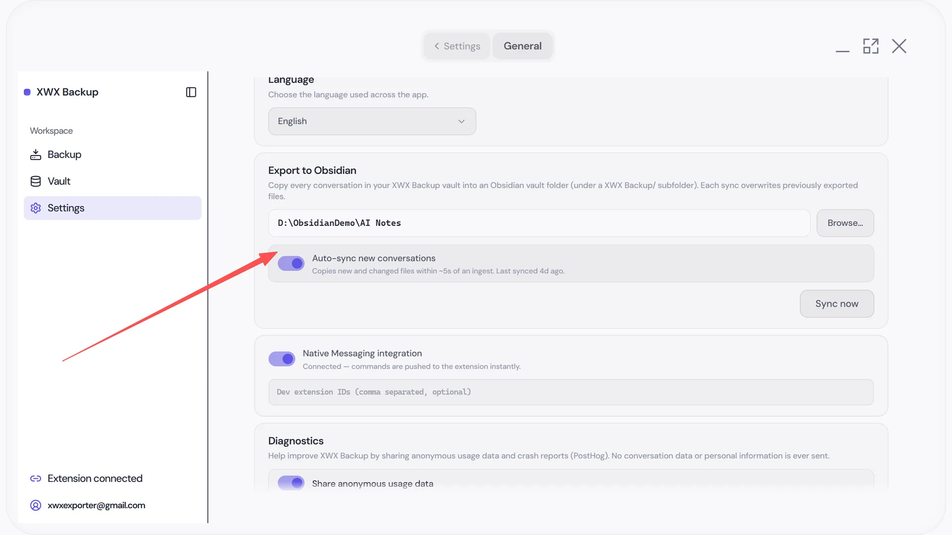 Scheduled export enabled in XWX Backup feeding the Obsidian-synced vault