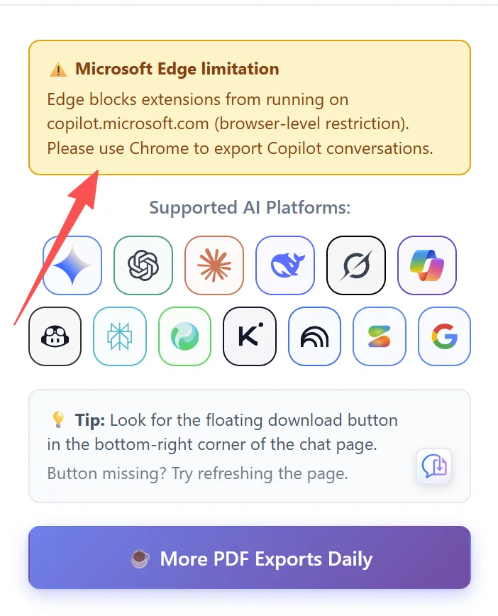 The XWX extension popup showing a Microsoft Edge limitation warning that recommends using Chrome for Copilot exports