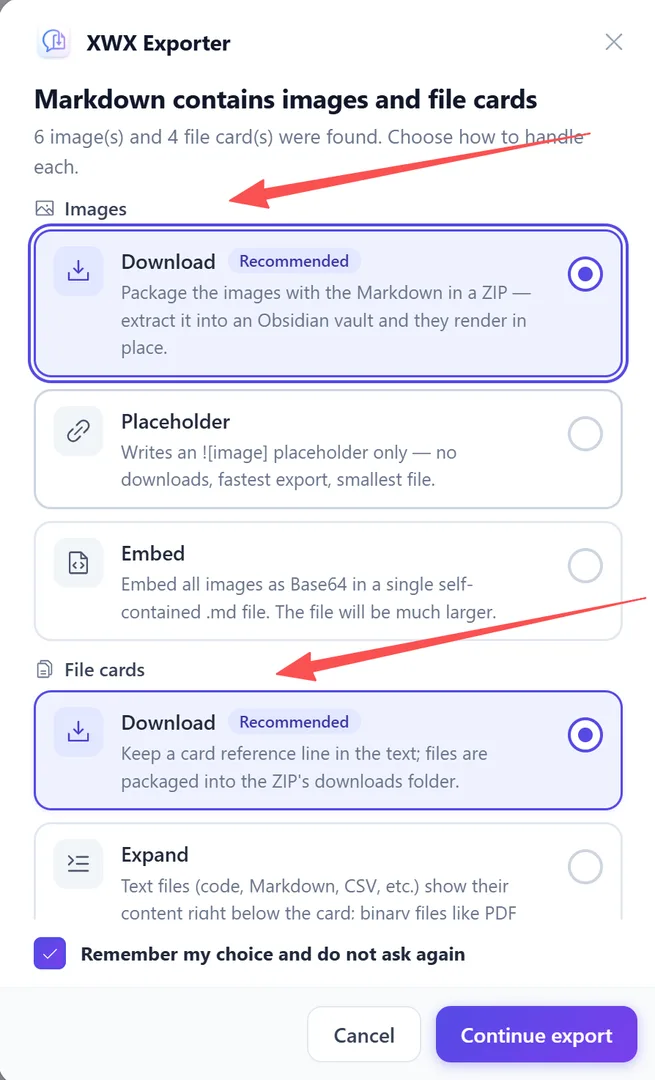The export dialog asking how to handle images and file cards, both set to Download