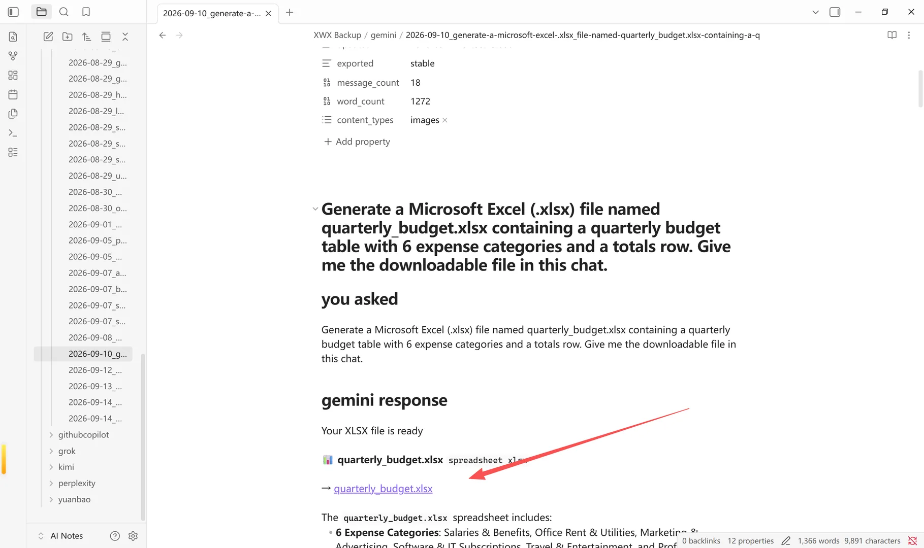 A generated file shown as a clickable link inside the Obsidian note, opening in its default app