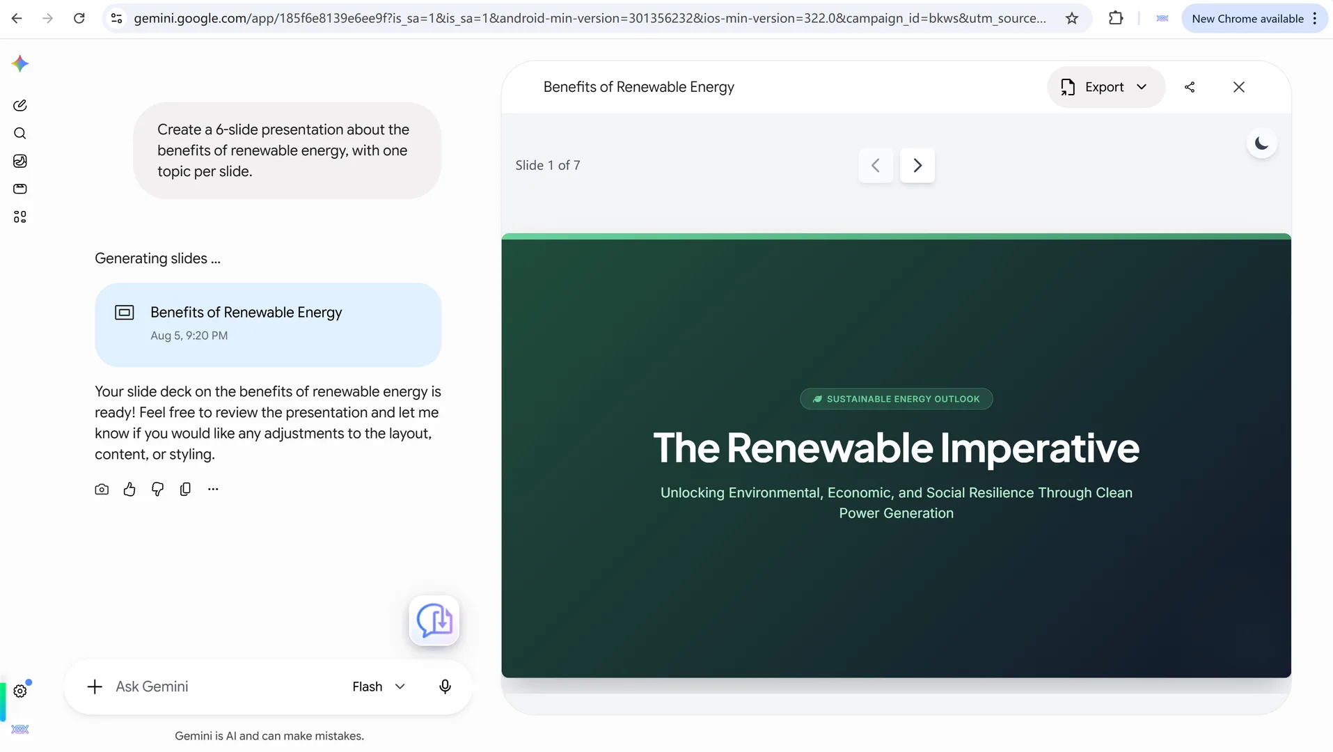 A Gemini conversation with a slide deck rendered in the web app