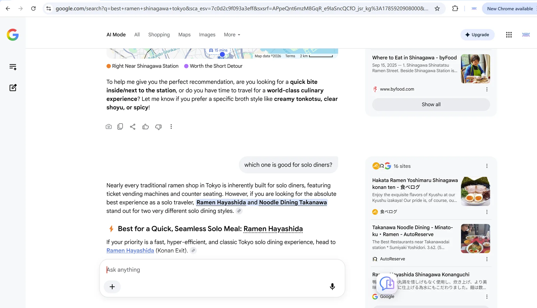 A multi-turn Google AI Mode conversation with follow-up questions