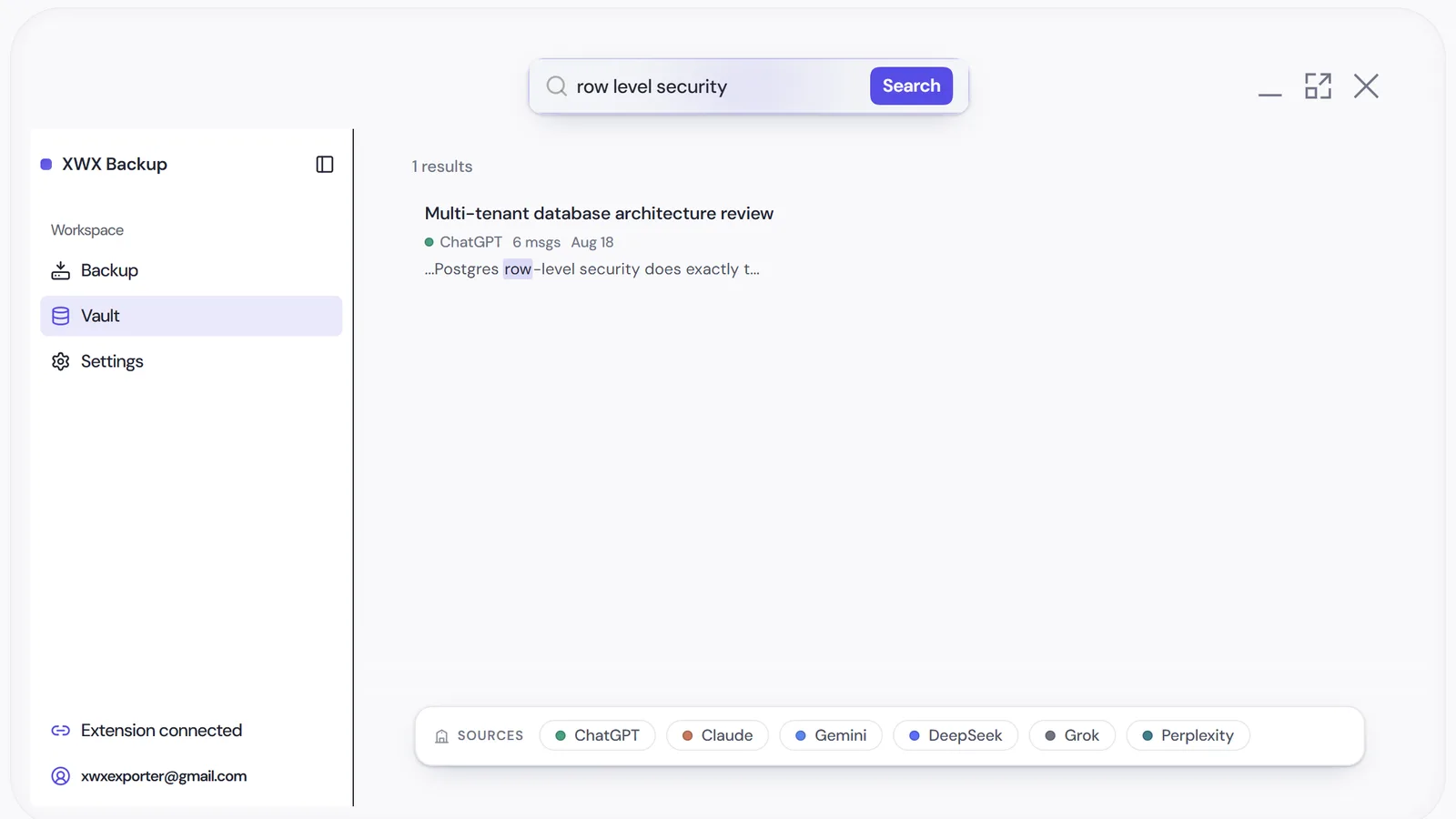 Full-text search results across platforms in the XWX Backup vault