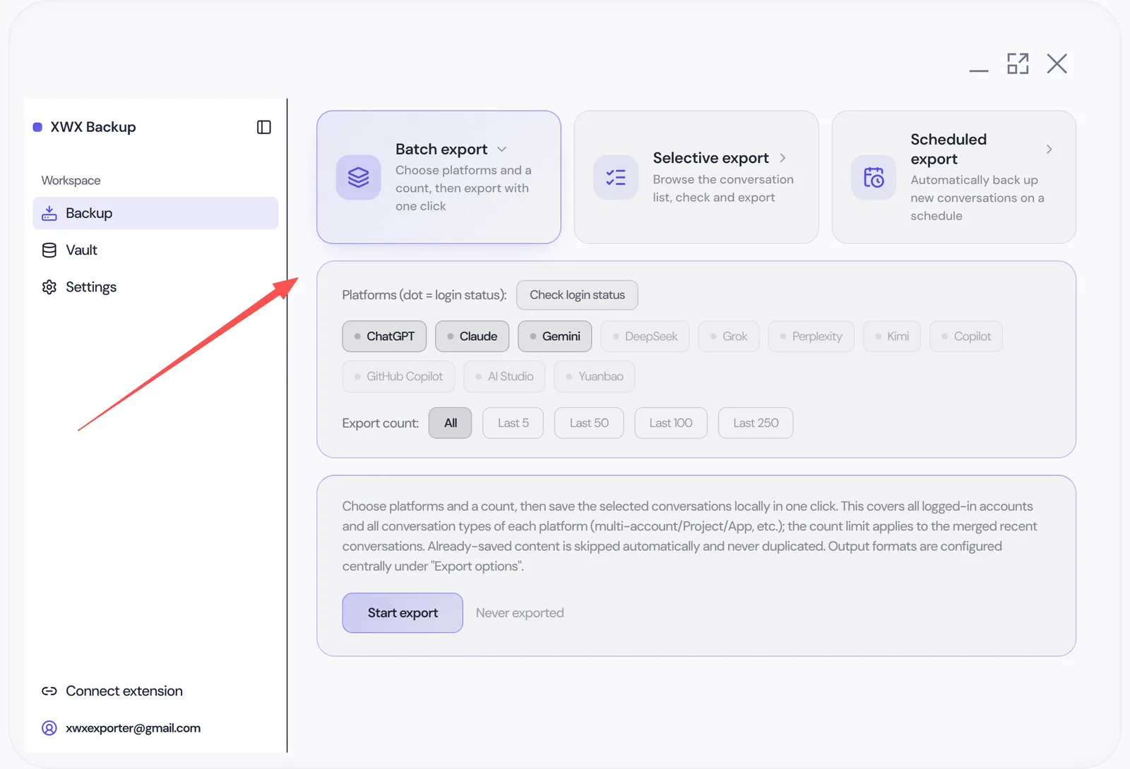 Backup page with platform selection and export options