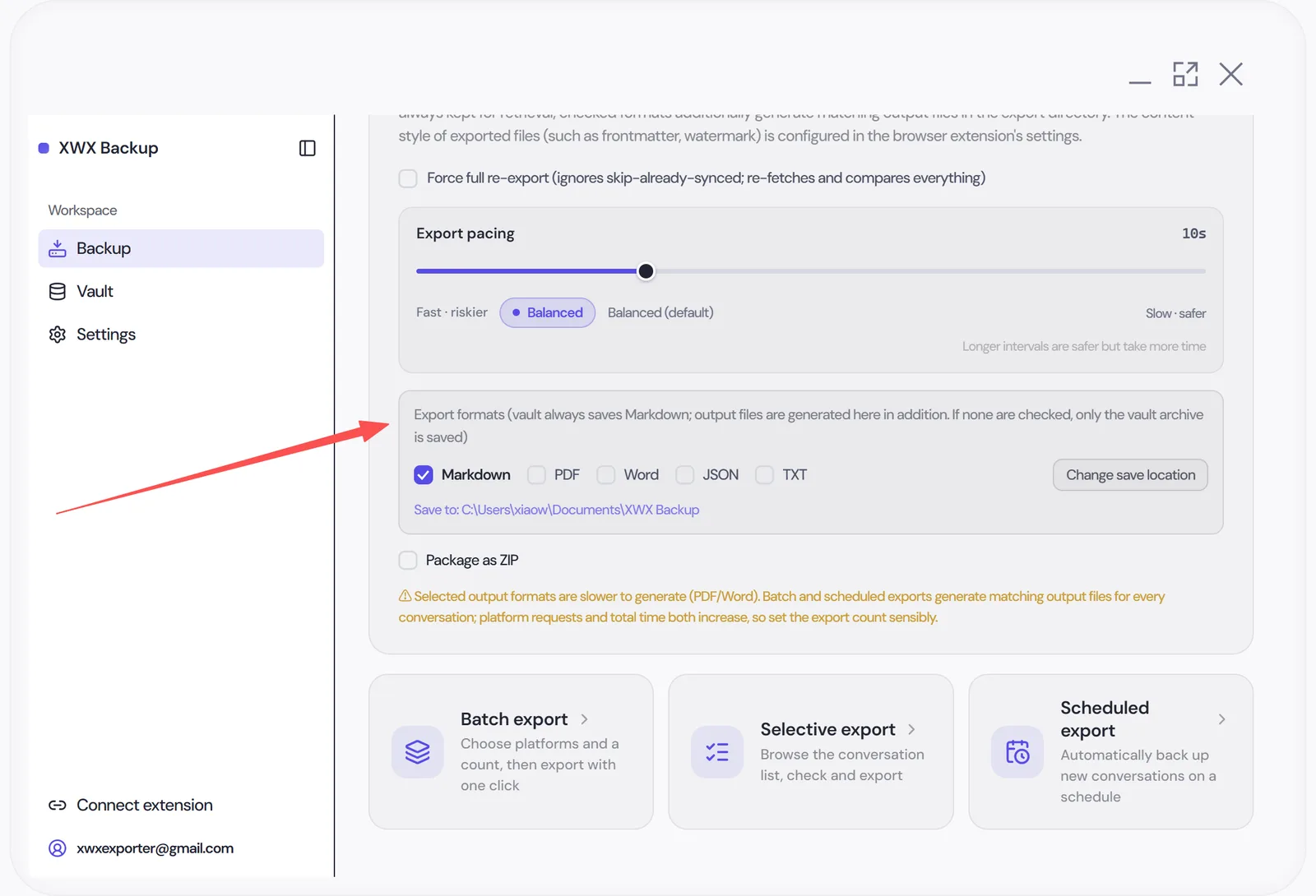 Export options panel with format checkboxes and save location