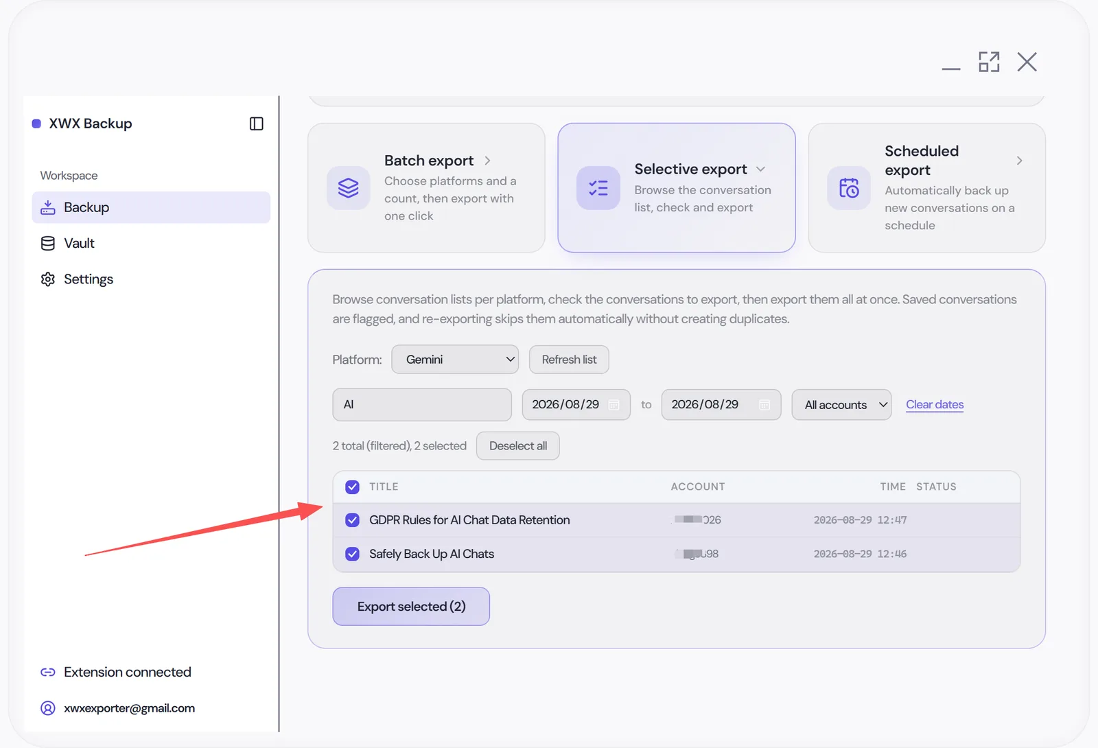 Conversation list with filters and checkbox selection