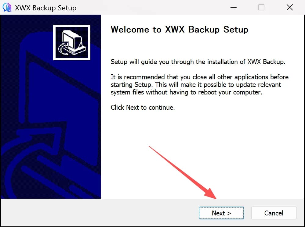 XWX Backup installer welcome screen