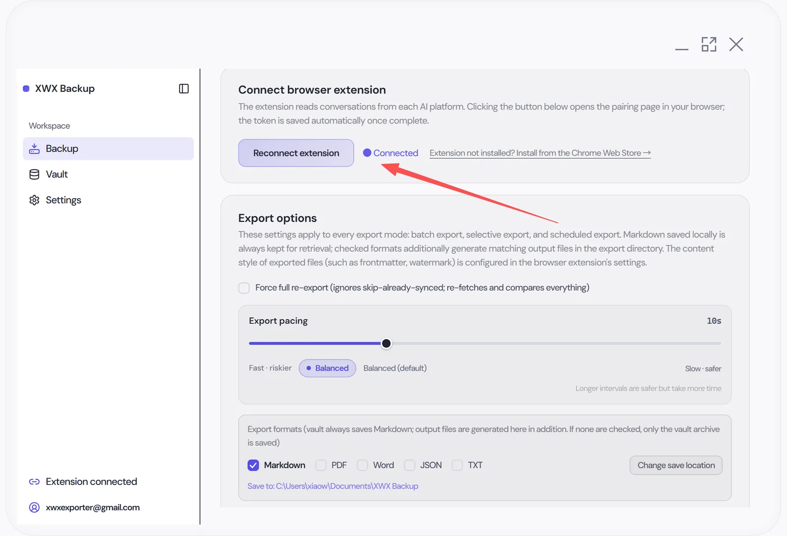 Backup page showing the extension connected status
