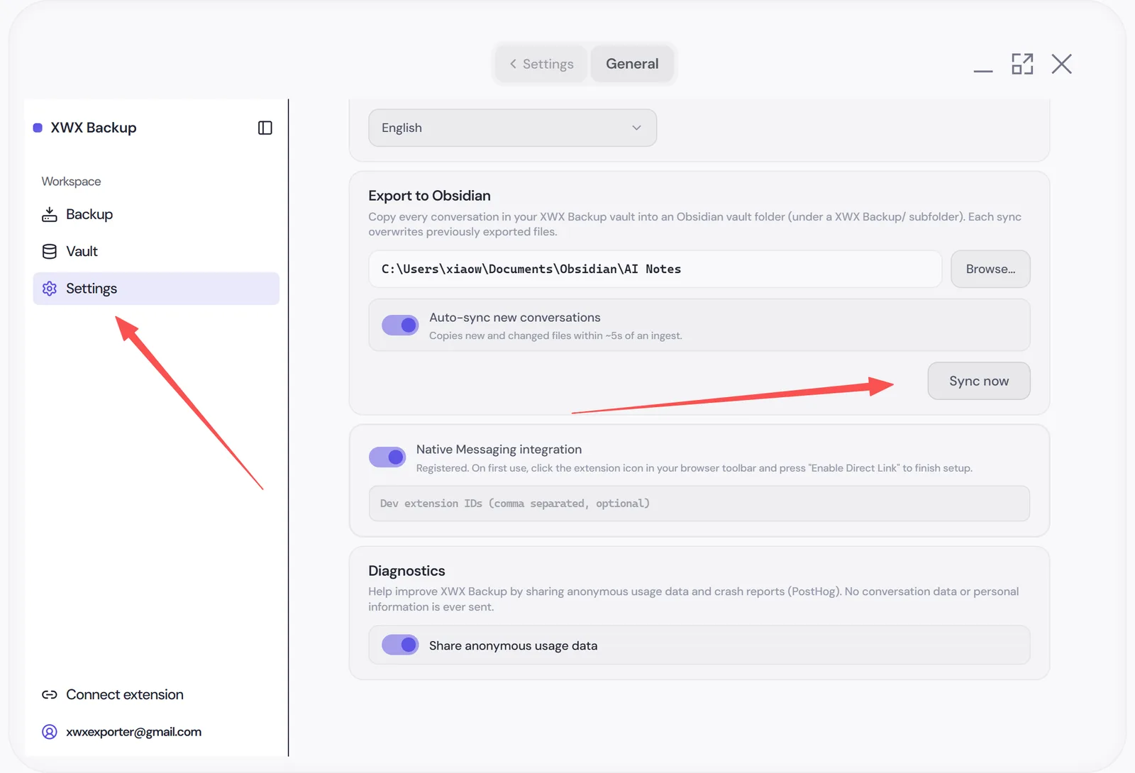 Obsidian sync settings with folder picker