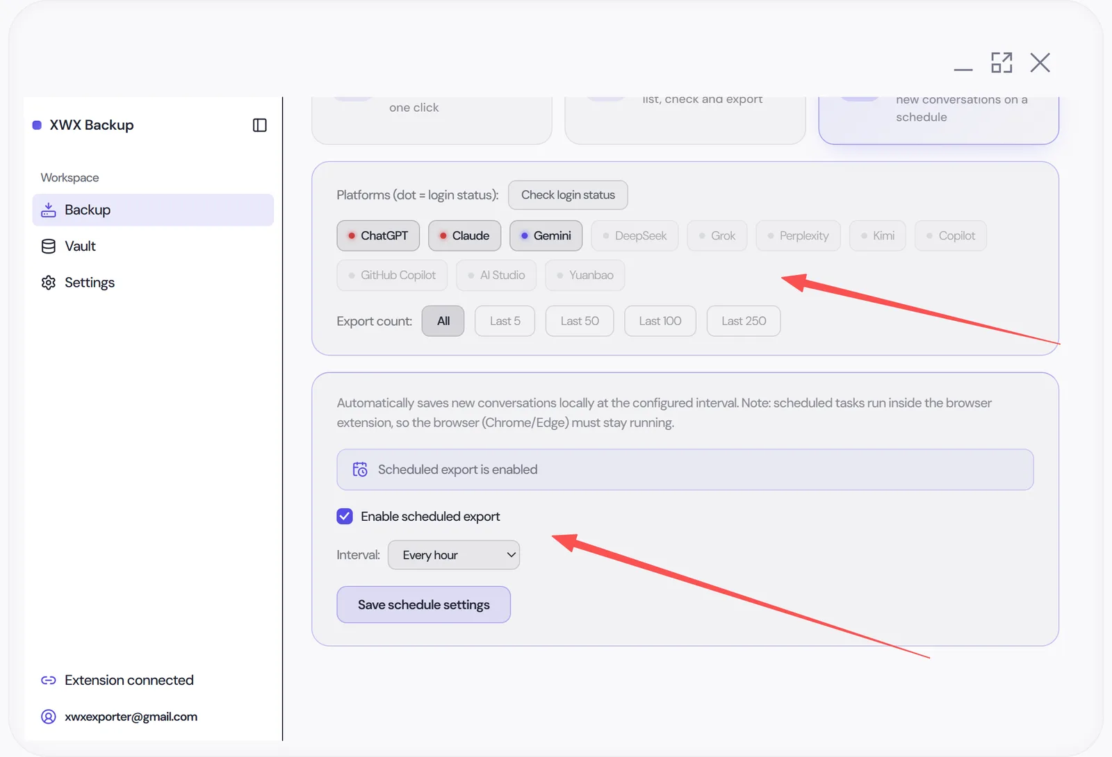Scheduled export settings with interval picker