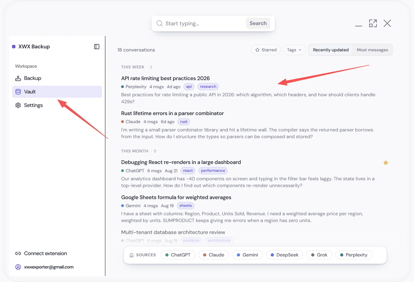 Vault overview page listing archived conversations