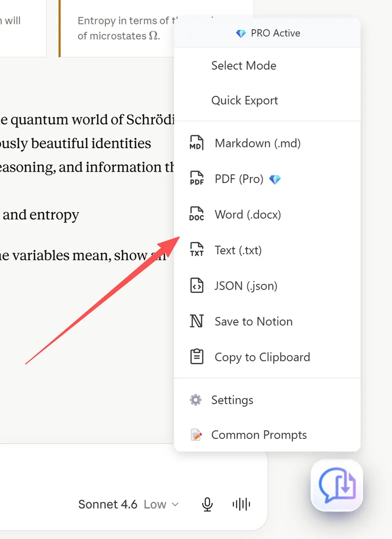 Export format menu with all 7 options and format indicators