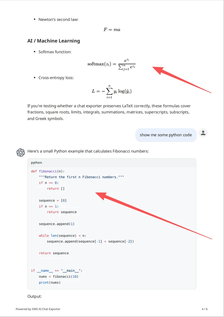 PDF output preview — code highlighting, math formulas, tables