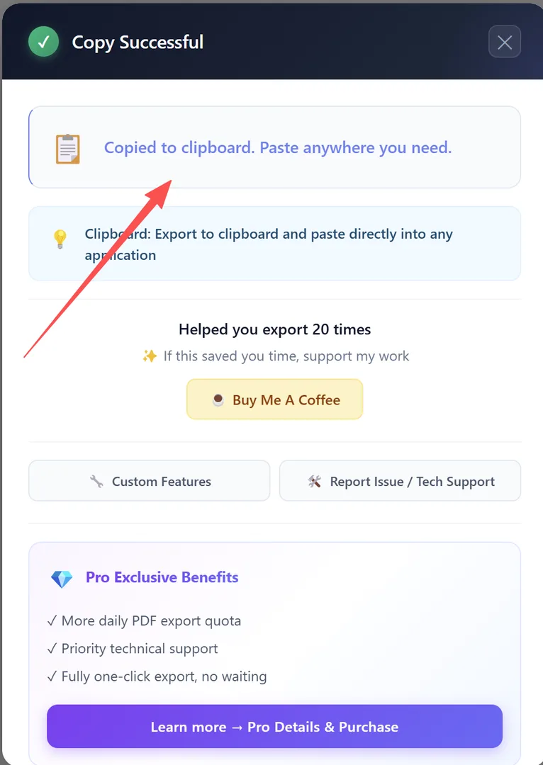 Toast notification — content copied to clipboard