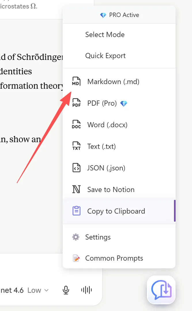Markdown (.md) option in the export menu