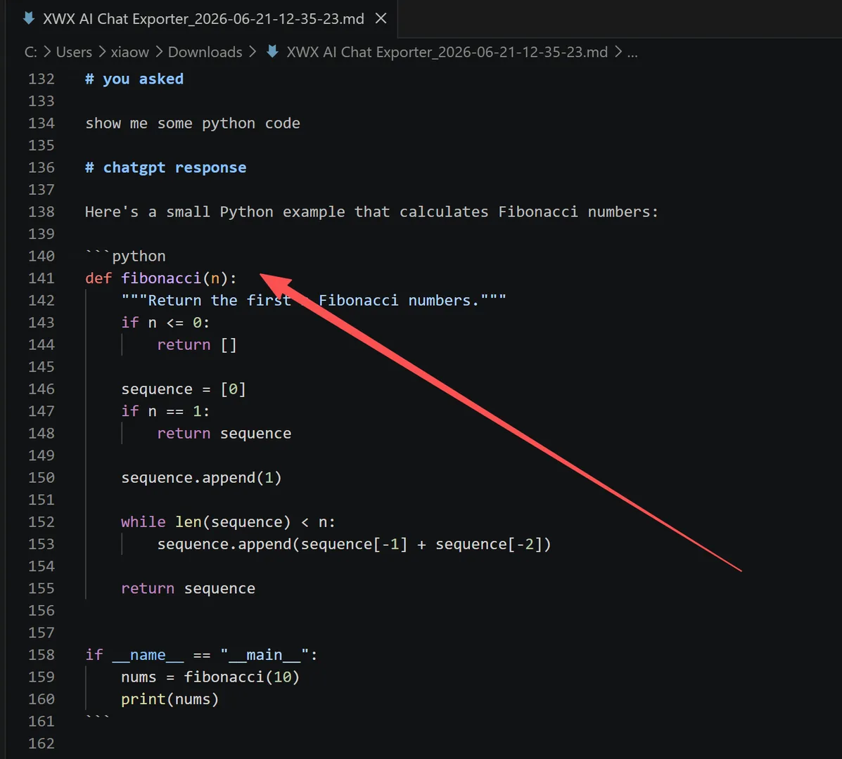 Markdown output — fenced code block with language tag