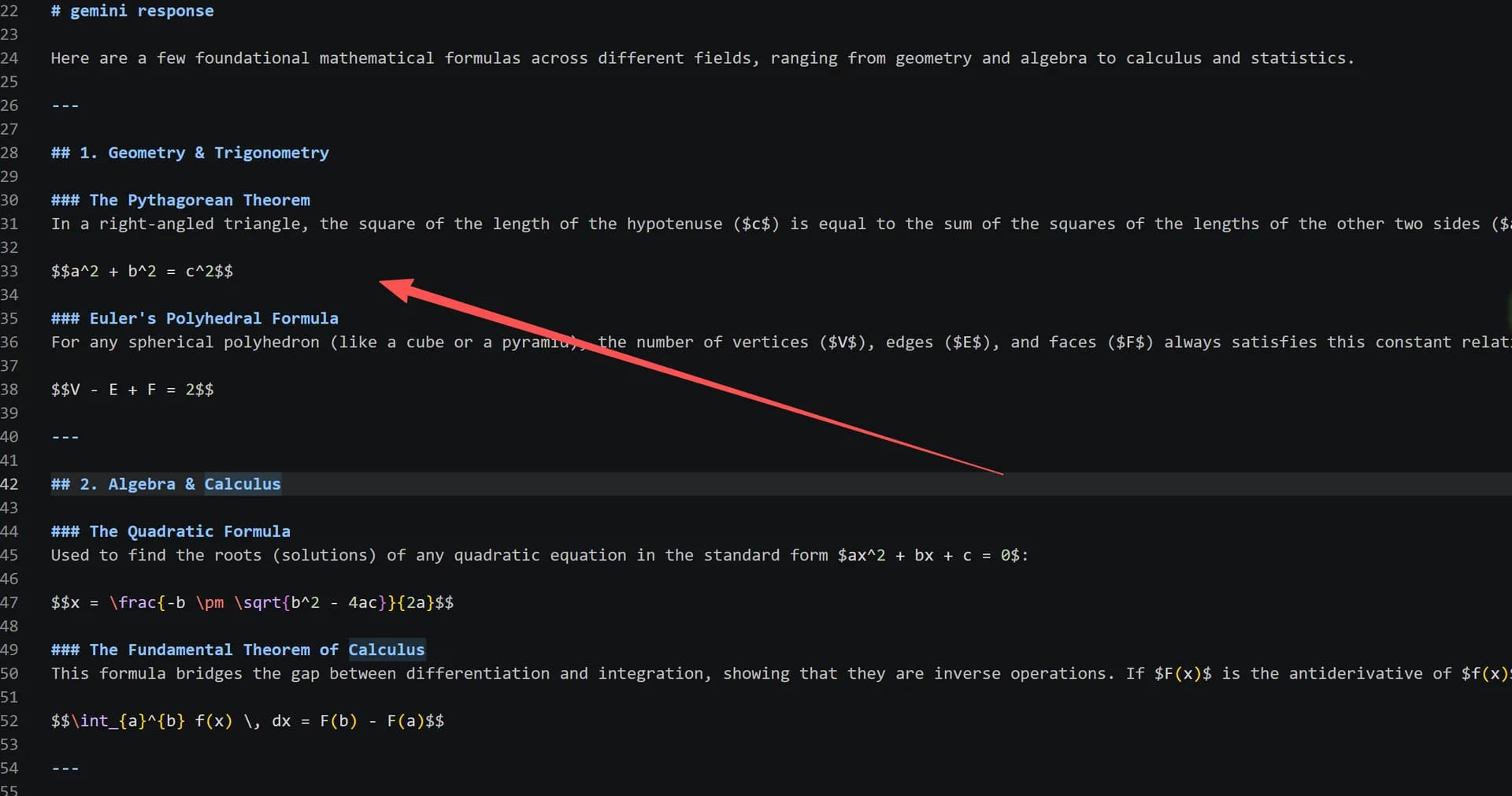 Markdown output — math formula in $...$ and $$...$$ syntax
