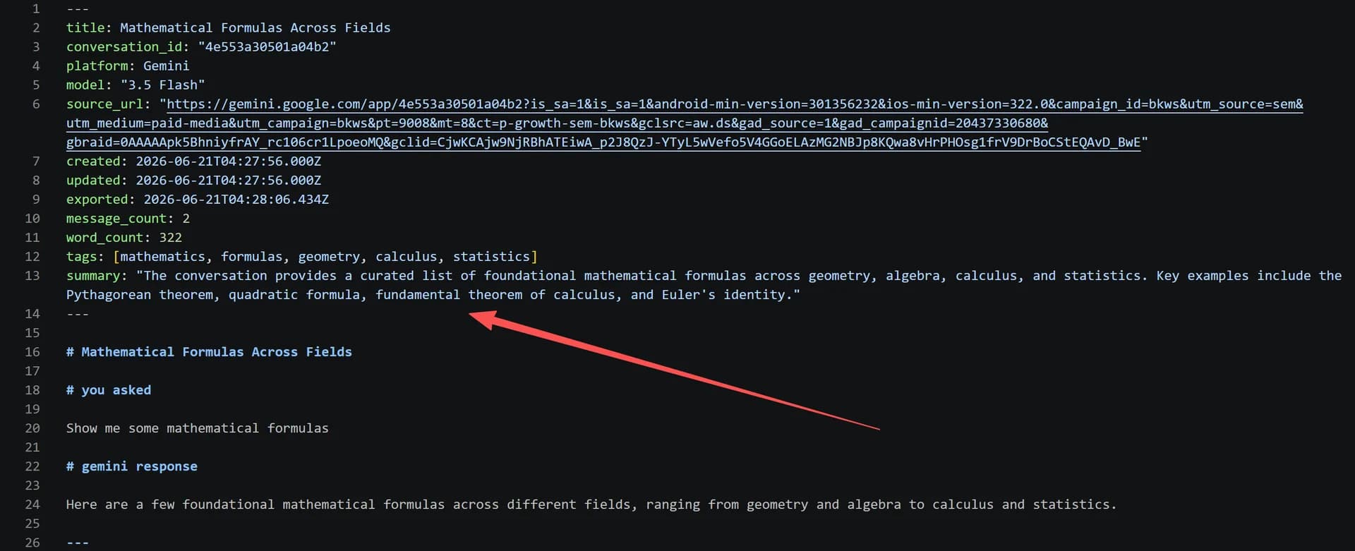 Markdown file with YAML frontmatter — tags, summary, model, dates