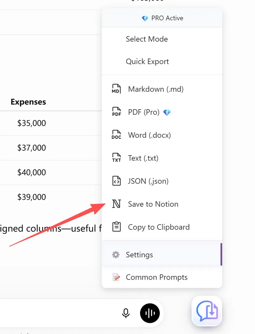 Save to Notion option in the export menu