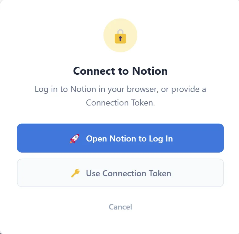 Connect to Notion dialog — log in to Notion or use an integration token