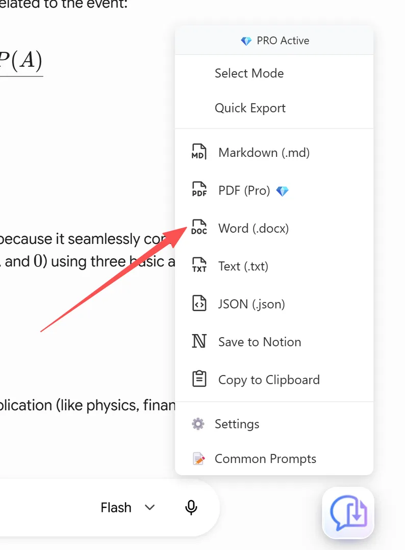 Word (.docx) option in the export menu