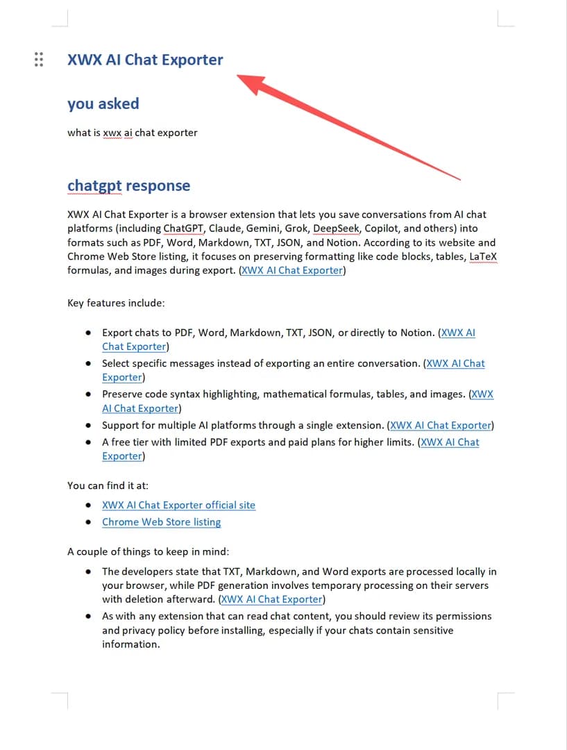 Word output — headings mapped to Word Heading styles