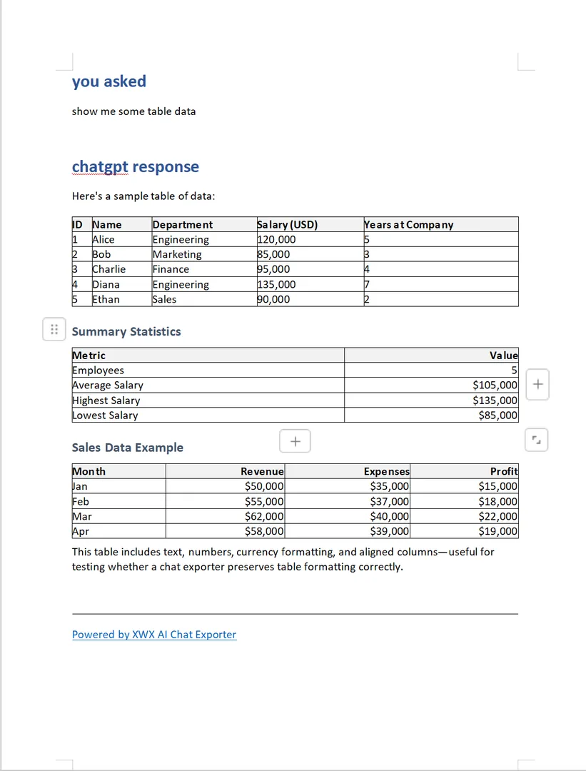 Word output — formatted table with alternating row colors