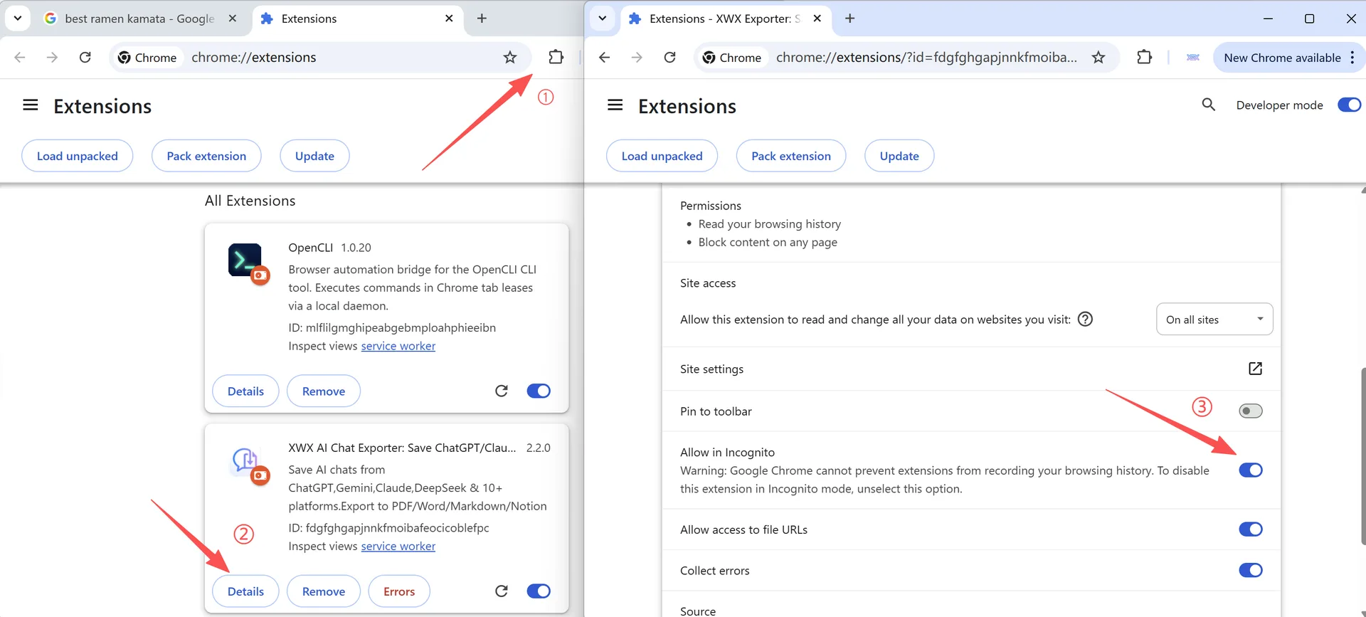 Chrome extension details with the Allow in Incognito toggle enabled for XWX AI Chat Exporter