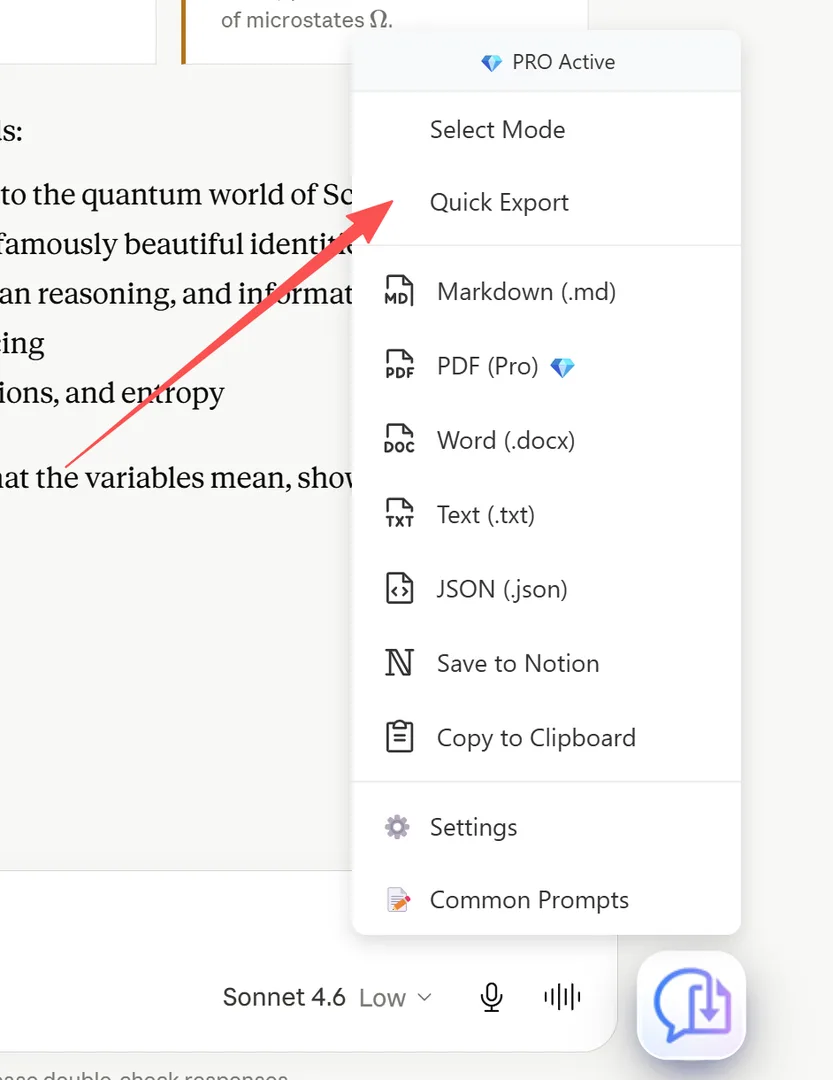 Quick Export toggle in FAB menu — checkmark enabled