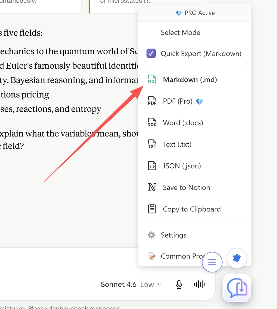 Quick Export label showing current format: "Quick Export (Markdown)"