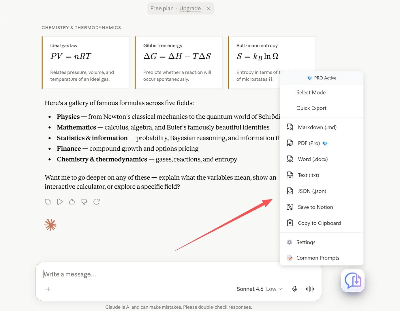 Export menu showing all 7 formats: Markdown, PDF (Pro), Word, Text, JSON, Notion, Clipboard