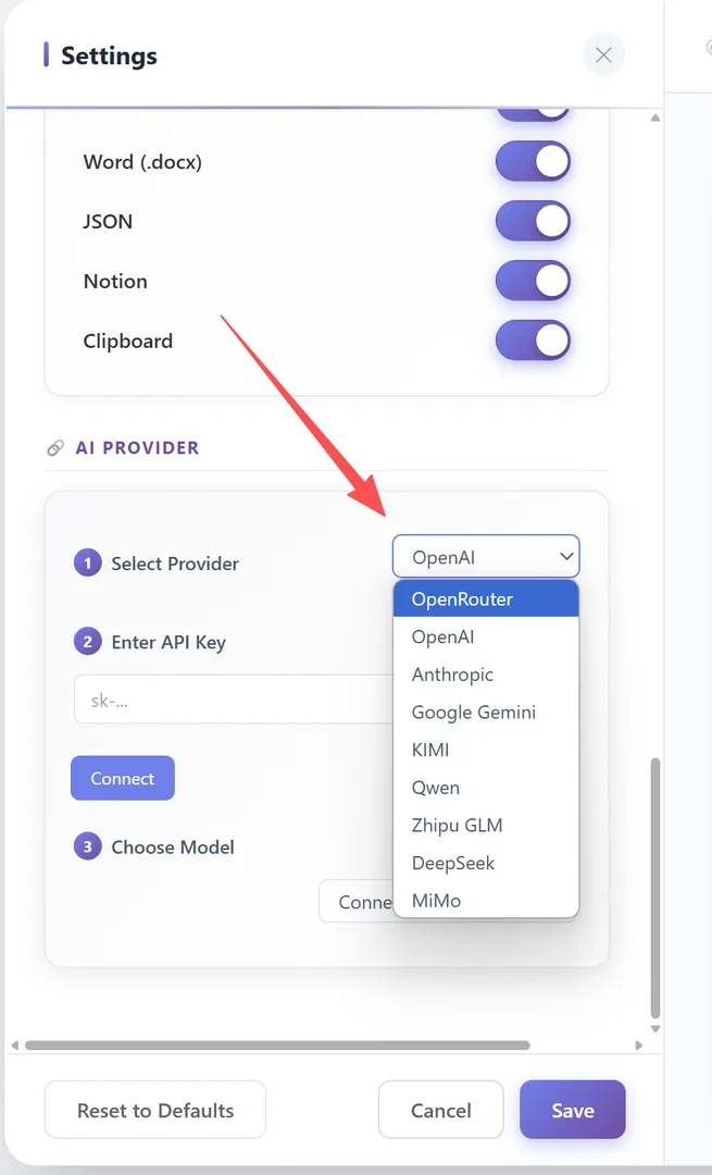 AI Provider dropdown — 9 providers: OpenRouter, OpenAI, Anthropic, etc.