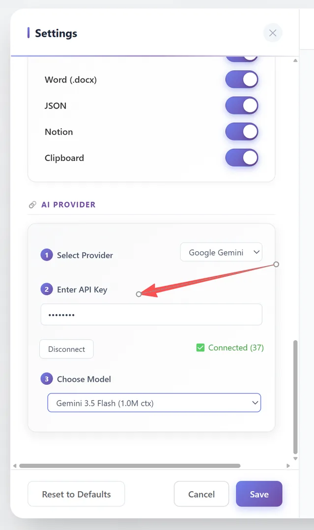 3-step AI Provider setup — Select Provider, Enter API Key, Choose Model