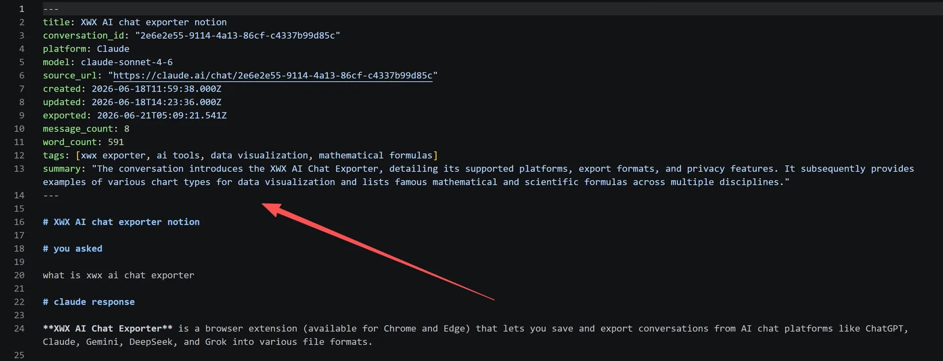 Markdown output with AI-generated tags and summary in YAML frontmatter