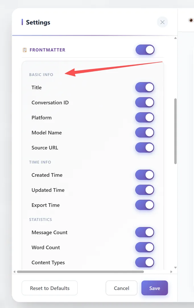 Frontmatter settings — BASIC INFO group with toggle switches