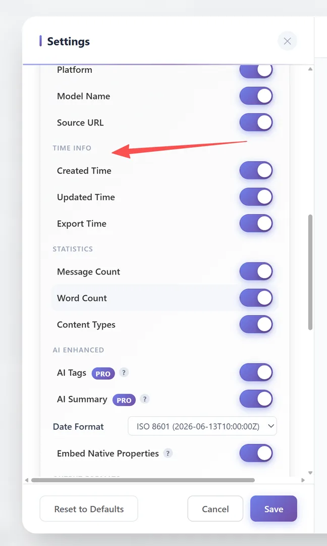 Frontmatter settings — TIME INFO group