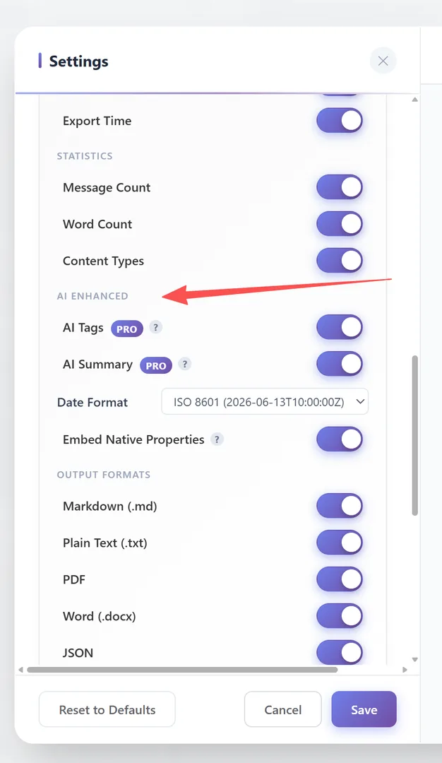 Frontmatter settings — AI ENHANCED group (features)