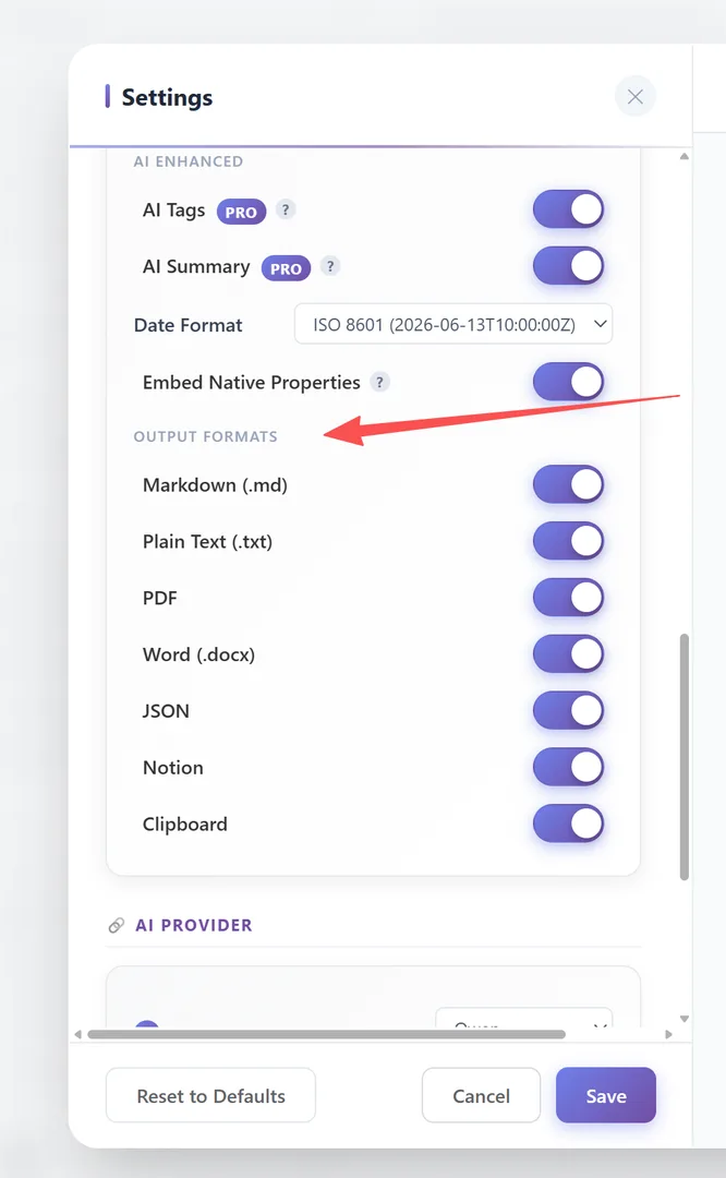 OUTPUT FORMATS toggles — enable/disable metadata per export format