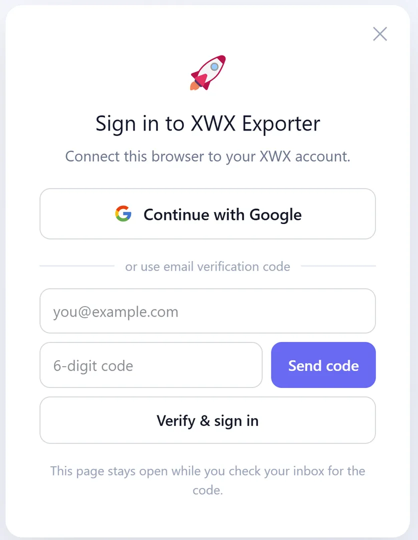 The XWX Exporter sign-in page with Google one-click and email code options