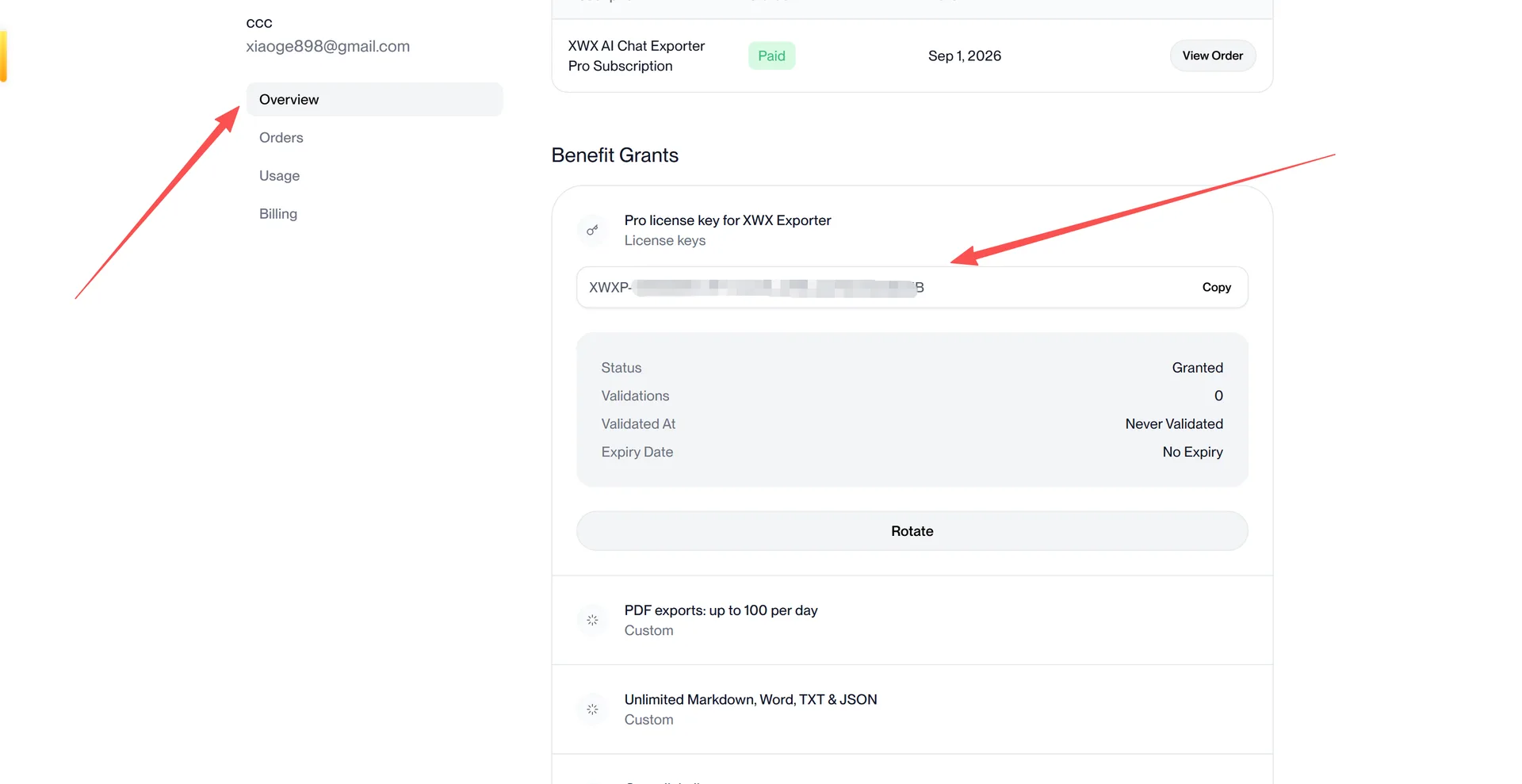 The Polar customer portal Purchases page showing where the license key is displayed