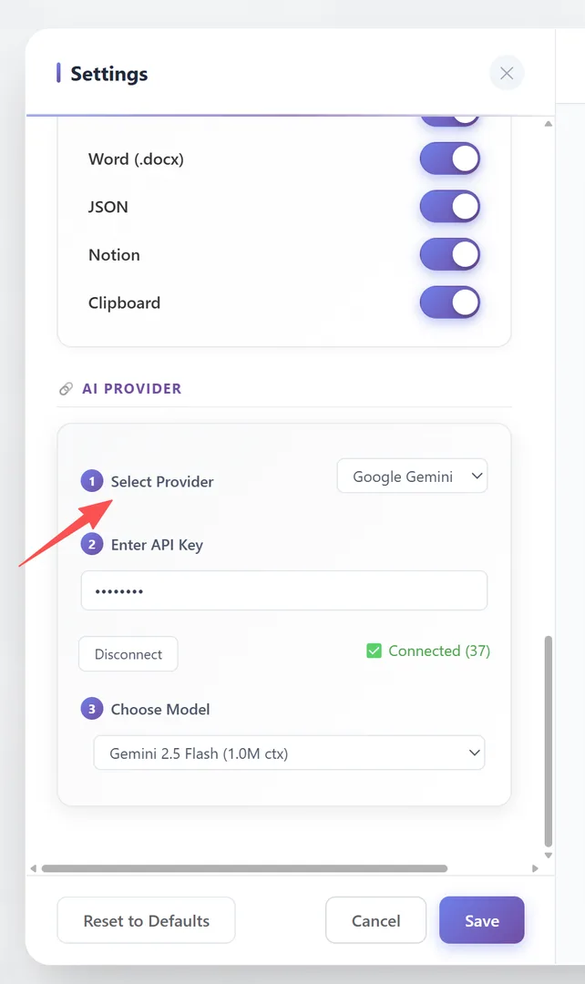 AI Provider 3-step setup wizard in General settings