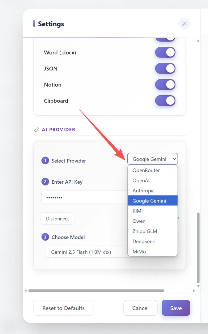 Provider dropdown showing all 9 providers