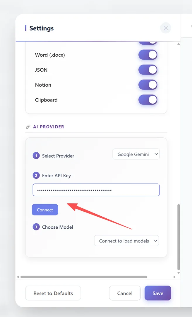 API key password input with Connect/Disconnect buttons