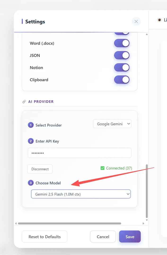 Model dropdown populated after API key connection